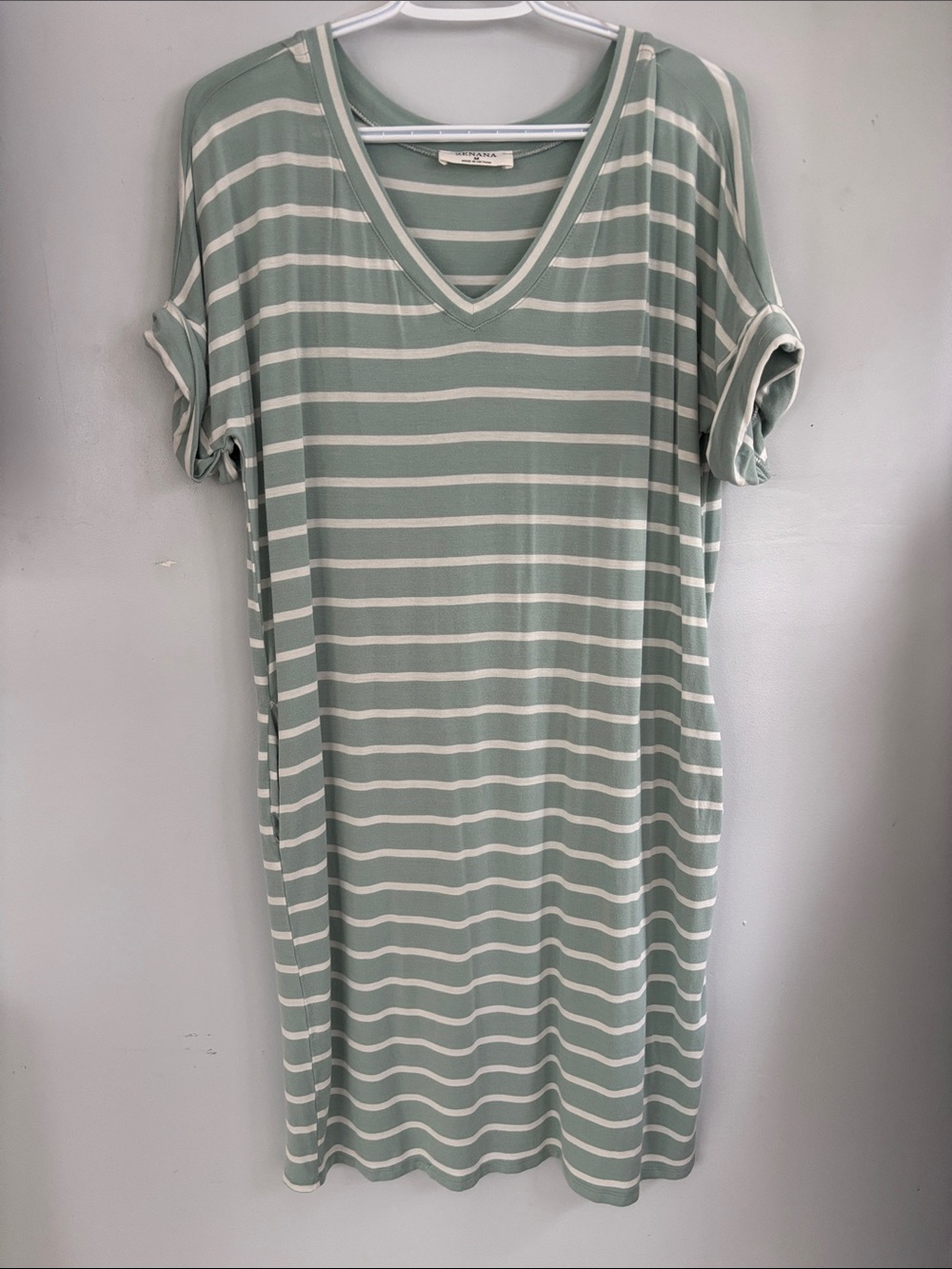 Striped V-Neck Midi Dress in Sage Green by Mudd